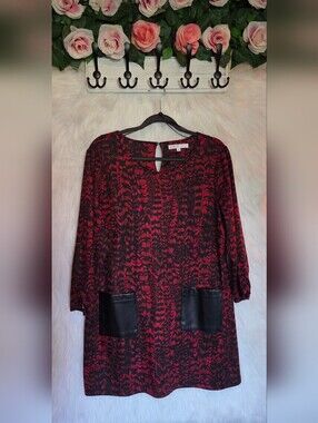 Cleo Red & Black Printed Tunic Dress W/ Faux Leather Pockets